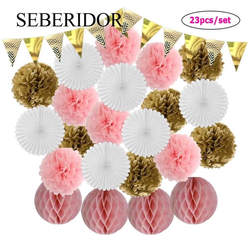 Kids Girl Christening Party Favor Pink Set Tissue Fan Pompom Baby Boy 1st Birthday Christmas Decor Round Paper Ball Honeycomb