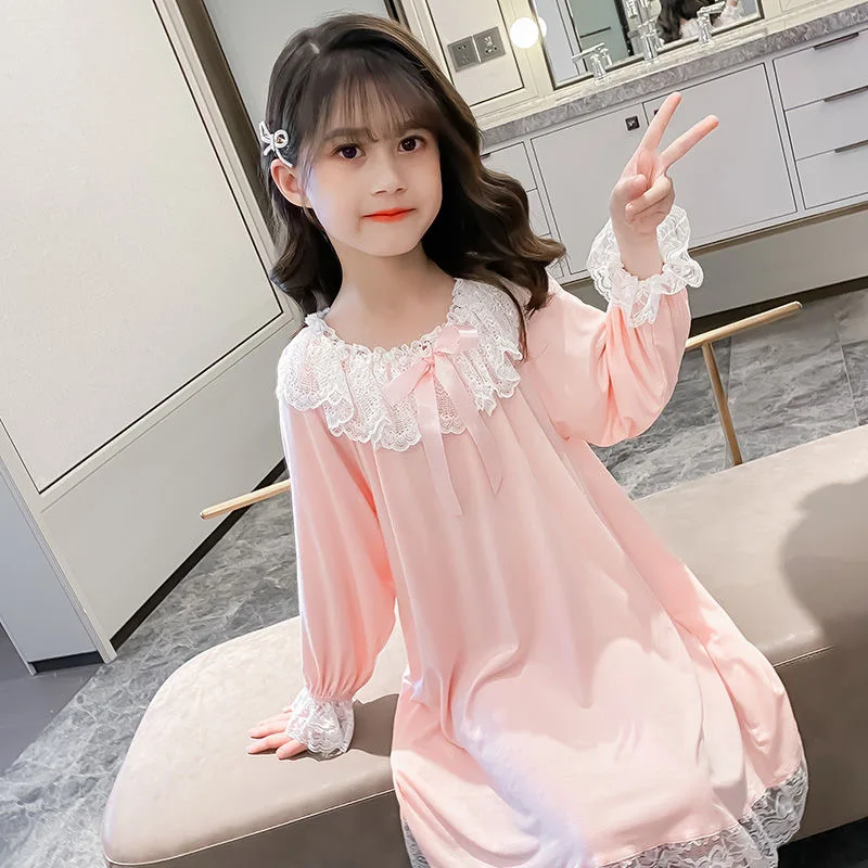 Girls lace sleep dress Teenage Girls Bow Tulle Long Nightgown Girl Bow princess nightdress Chidren kids Night Gown