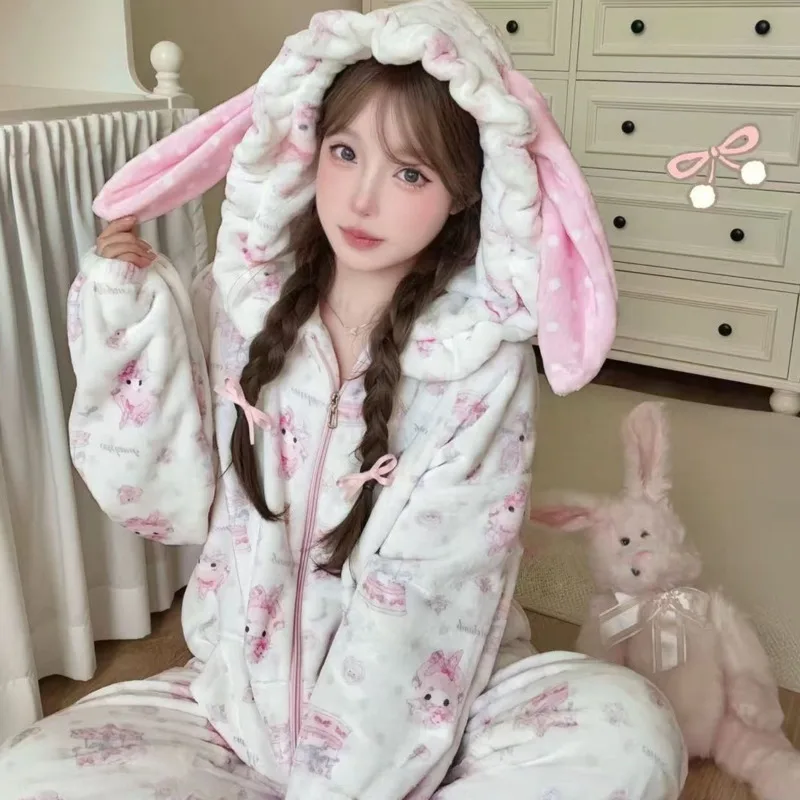 

New My Melody Sweet Bunny Hoodie Pajama Set with Plush Ears, 2-Piece Kawaii Sleepwear for Girls, Soft Fleece Loungewear​ Clothes