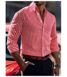 Heren Shirt Tiki Serie Effen Kleur Gestreept Patroon Lange Mouwen Revers Knop Casual Shirt Comfortabele En Zachte Stof