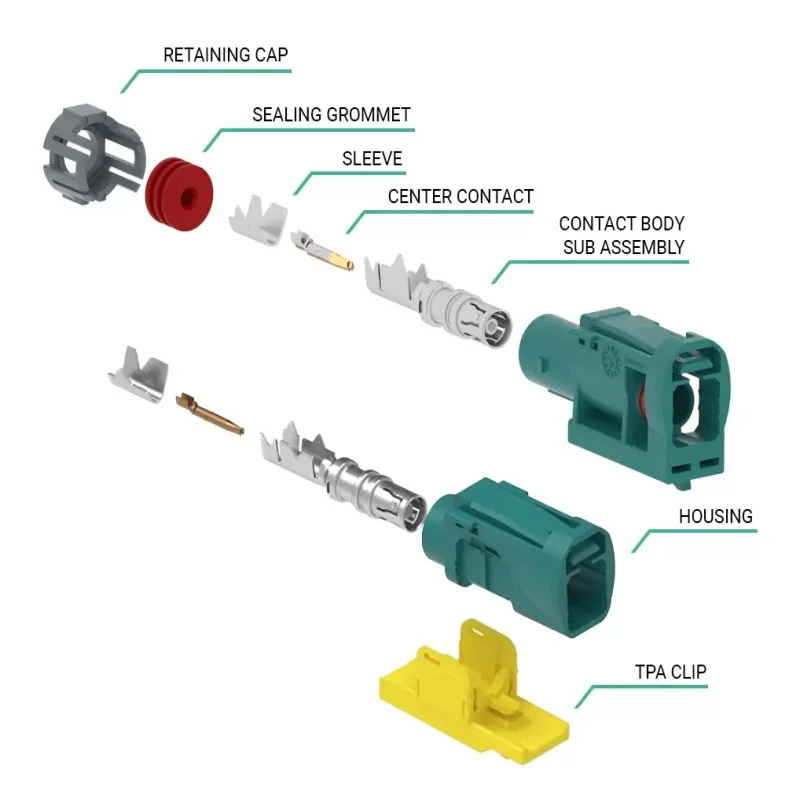 Connector FK6321AW-013-TT30G-50 FAKRA GEN 1 PCB Through Hole Straight Plug 50 Ohm H Key Code