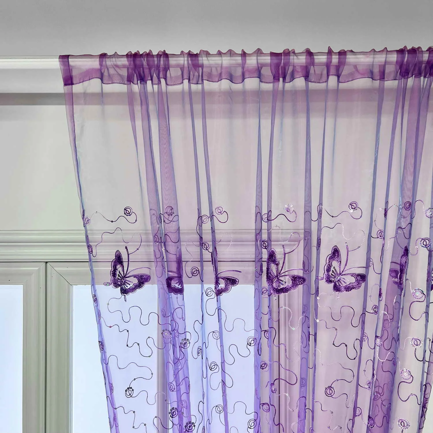 Butterfly Embroidery Tulle Sheer Farmhouse Curtains Shiny Sequins Clear Organza Curtains for Living Room 1 Panel Rod Pocket Top