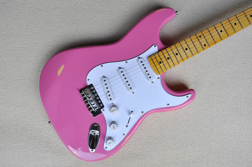 6 Strings Relic Pink Electric Guitar with SSS Pickups,Yellow Maple Fretboard