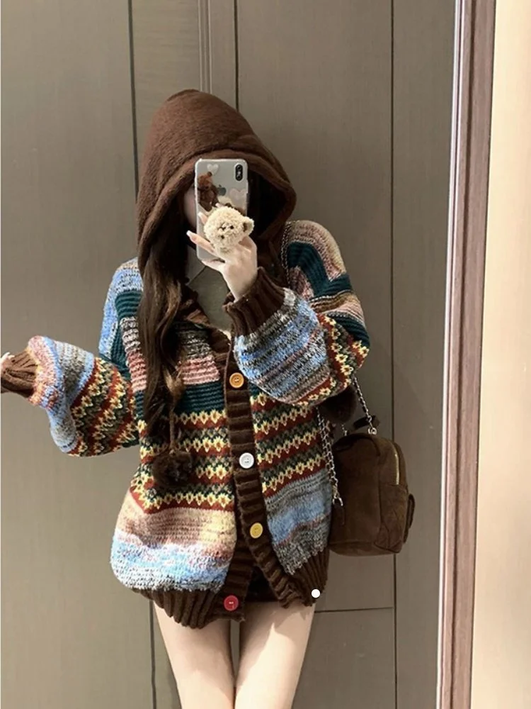 

Korean Design Sense Color Blo Retro Hoodie Open Cardigan Women's Winter Loose Lazy Sle Knitted irt Top