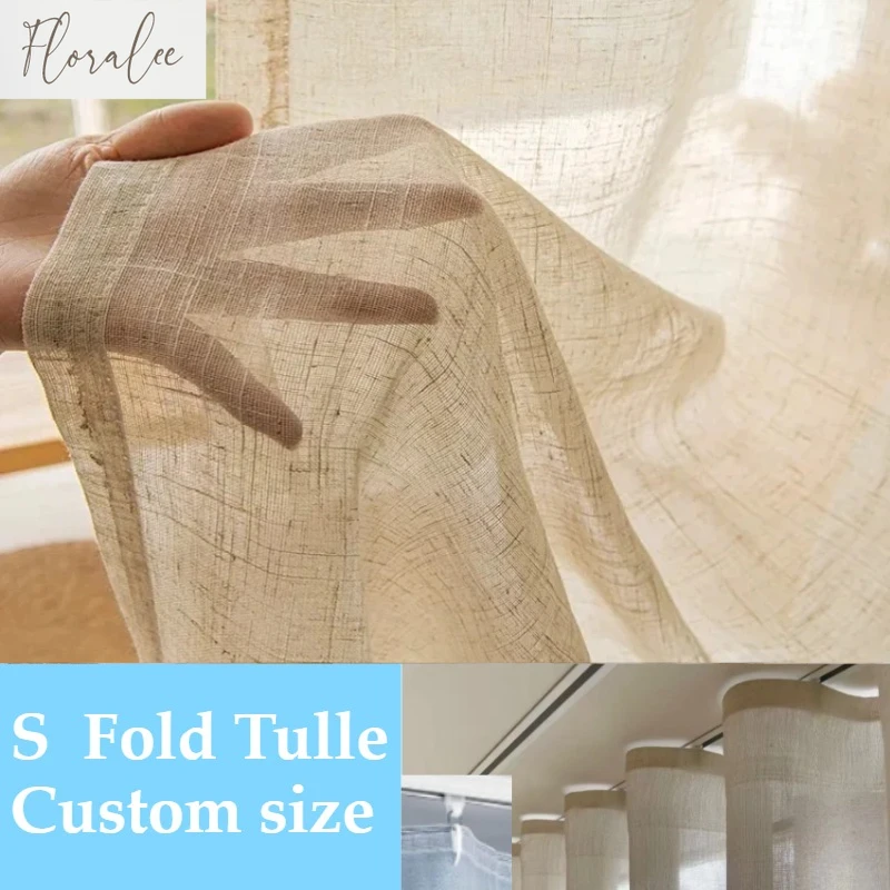 Custom Size White Tulle Beige Linen Look Sheer Curtians S Wave for Living Room Bedroom Luxury Modern Elegant Modern Villa Drape
