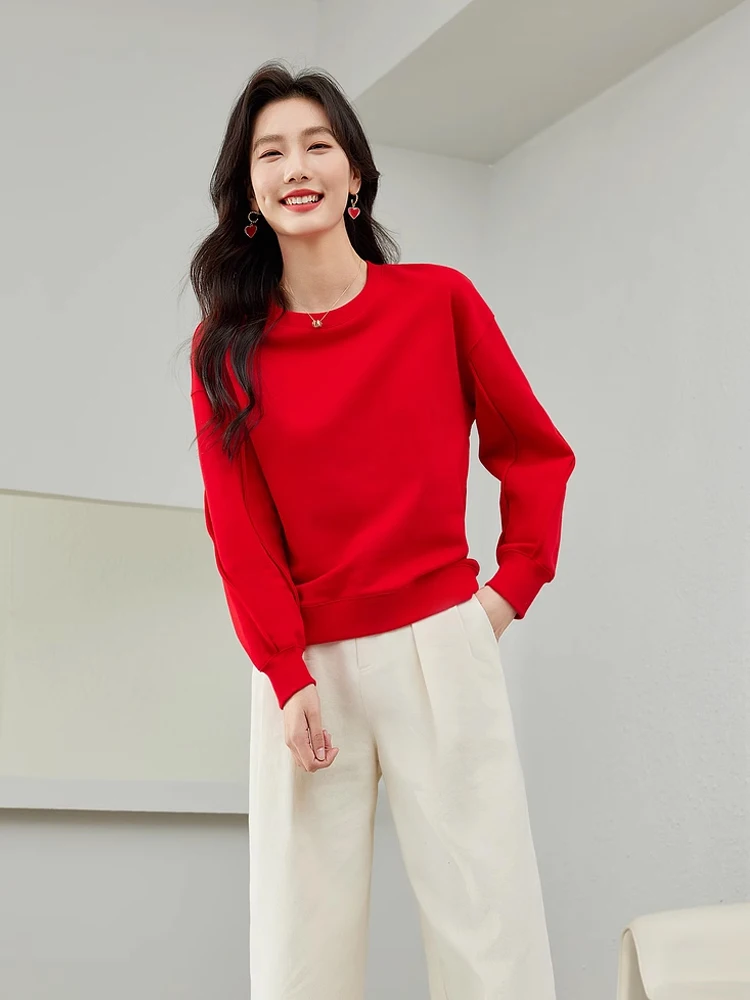 Vimly Red Women Sweatshirts 2024 Spring O-neck Solid Pullovers Casual Loose Long Sleeve Cotton Top for Woman Clothing M6090