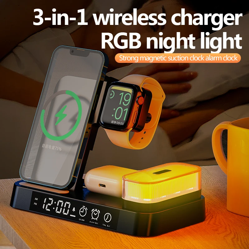 Wireless Charging Station 3 in 1 for Samsung S24 Z Flip 5 Galaxy Watch 5 Pro/4/3 Phones with Alarm Clock Night Light Galaxy Buds