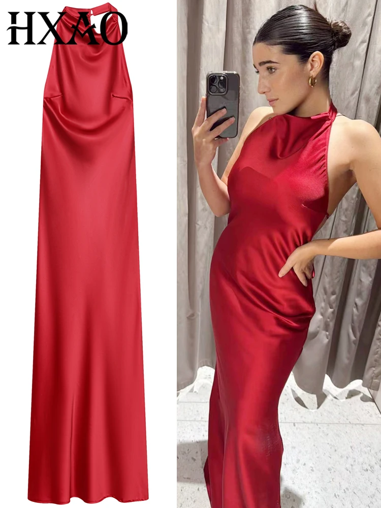 HXAO Sexy rotes Neckholder-Kleid, Damenkleid, Sommer, schick, Satin, rückenfrei, langes Kleid, Midi, ärmellos, Vestidos, elegante Cocktailkleider