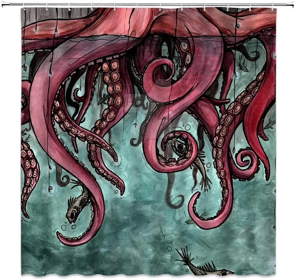 

Octopus Shower Curtain Kraken Ocean Sea Octopus Tentacle Sketch Unique Marine Red Fabric Home Bathroom Decor Set with Hooks