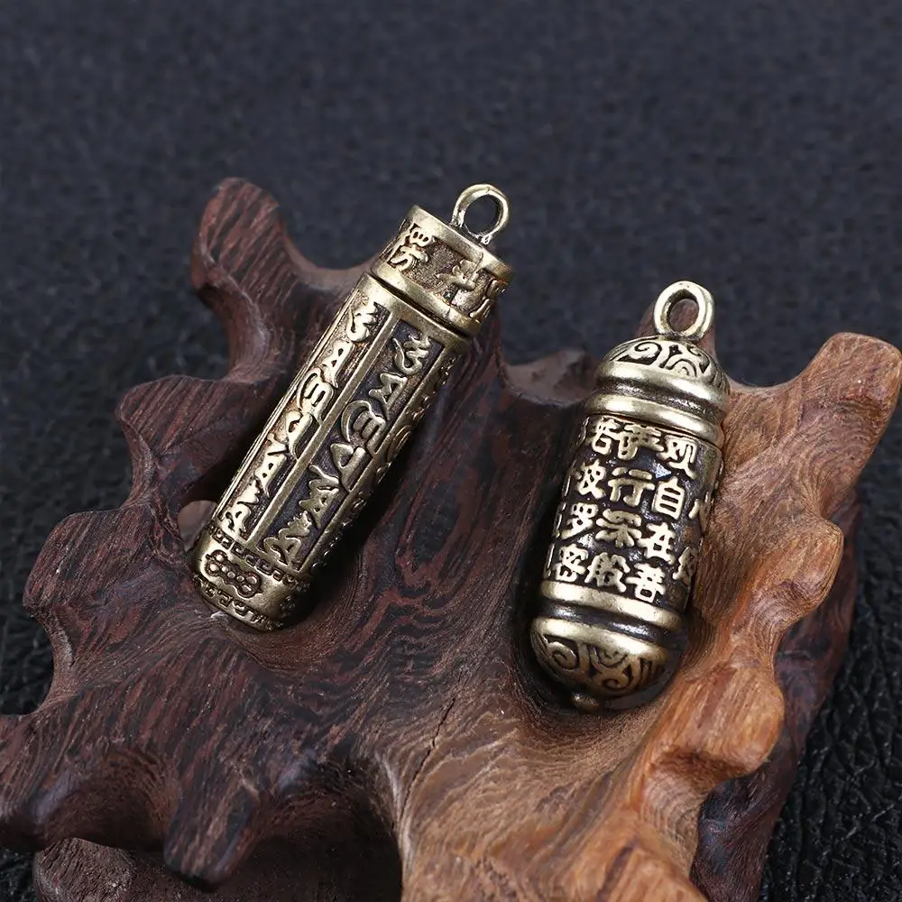 Vintage Brass Mini Cylindrical Pill Box Creative Carving Buddhist Scriptures Openable Pill Case for Women Men