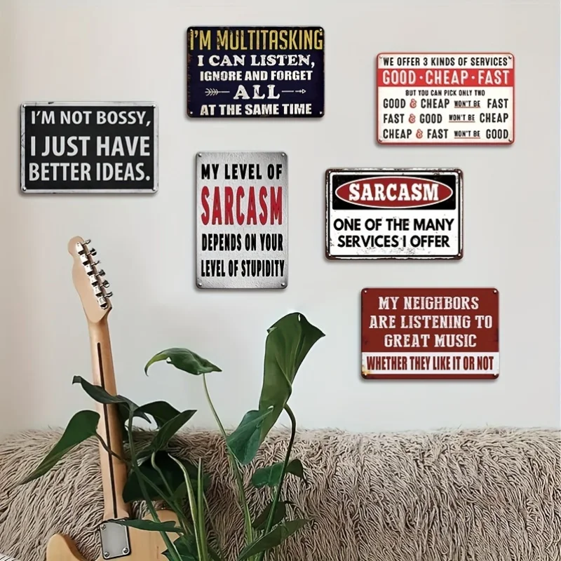 【2D Flat】 [2D Flat] Set of 6, Humorous Metal Signs with Funny Quotes, Retro-Style Tin Plates for Hanging, Vintage Sarcastic Plaq