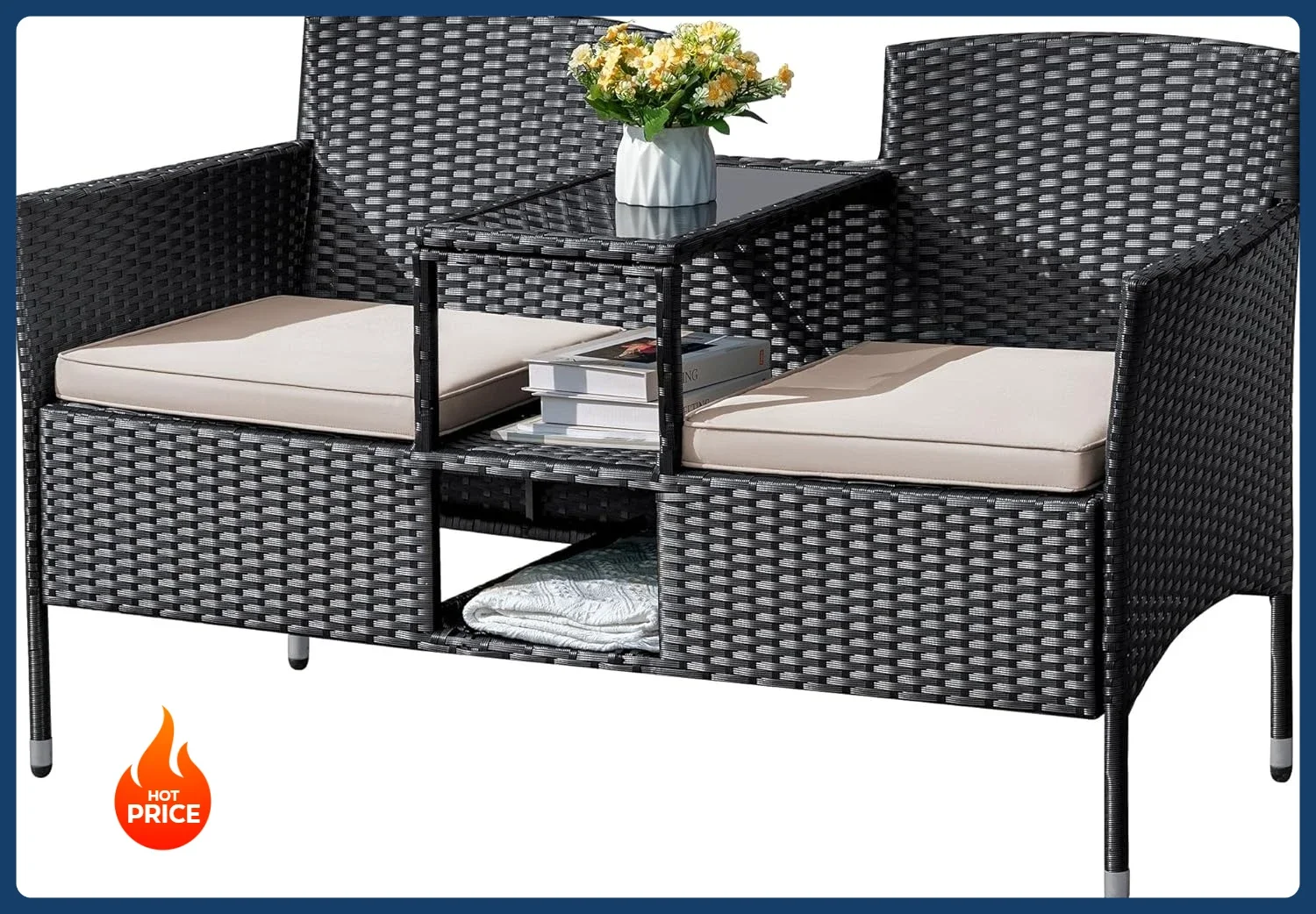 

Бесплатная доставка! Уличная плетеная двухместная скамья-софа для патио с встроенным столиком и подушками, ротанговые кресла-скамейки для террасы