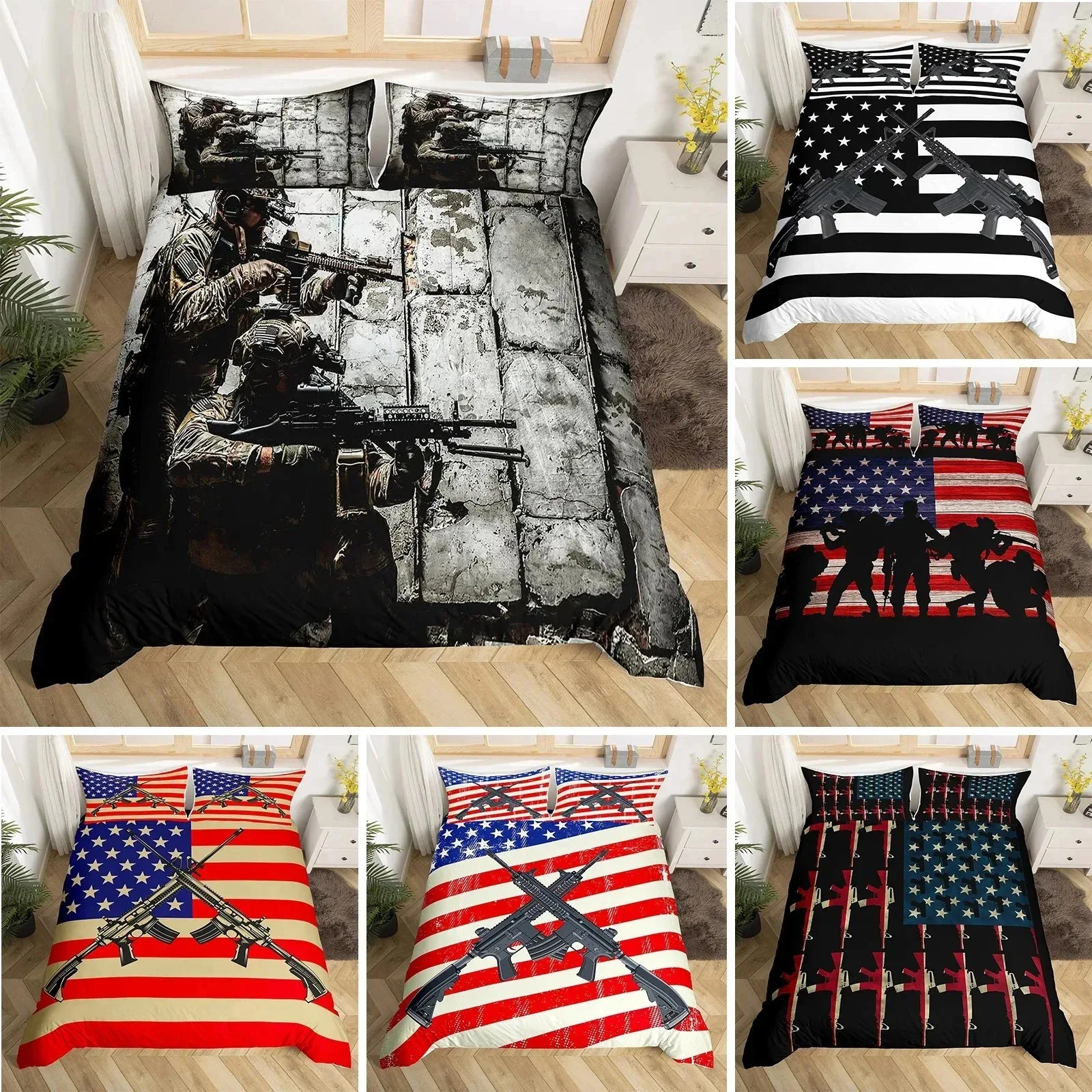 American Flag Duvet Cover Machine Gun Comforter Cover Queen King Polyester Quilt Cover USA Federations Stars Stripe Bedding Set