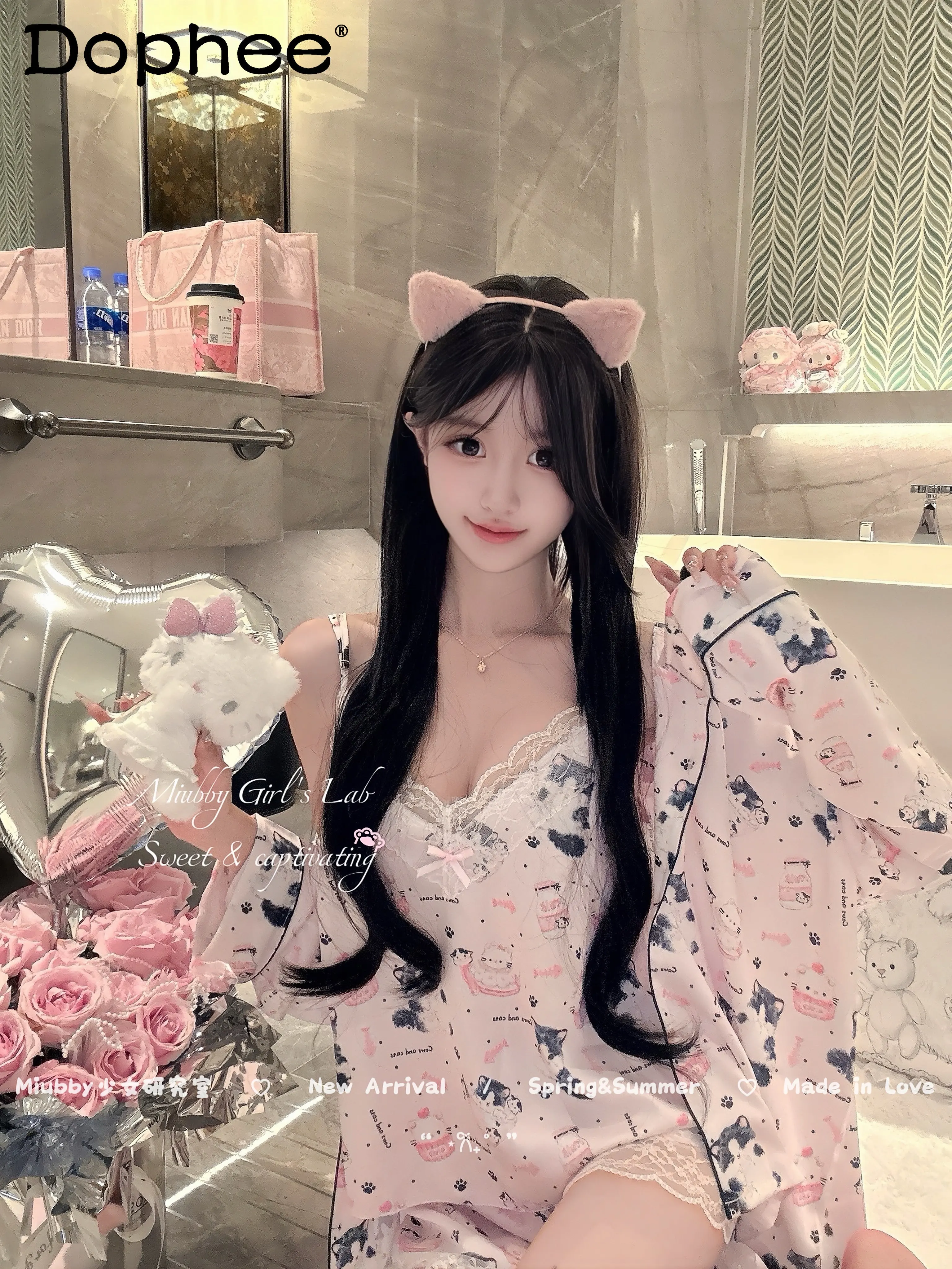 Japanese Girl Lace Cartoon Printed Ice Silk Suspender Long Sleeve Four-piece Set Casual Comfortable Soft Cool Cute Loungewear