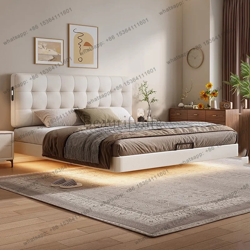 FG Floating Bedroom Double Bed Luxury Space Saving Storage Modern Design Bed Simple Sleeping Platform Beliche Trendy Furniture