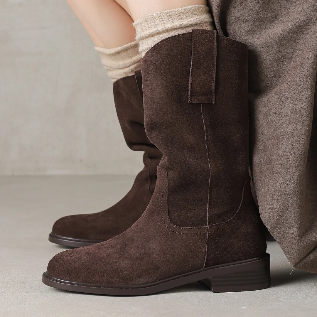 

Women's natural suede leather round toe slip-on mid-calf boots 3.5cm thick low heel casual female flat half boots shoes woman