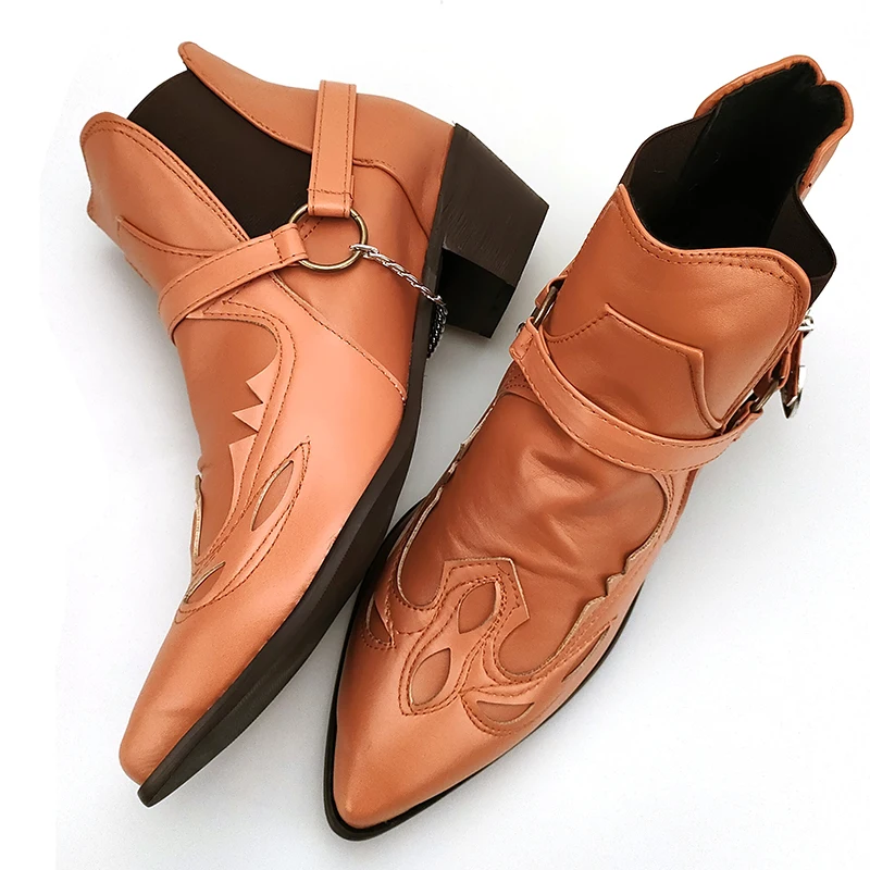 New Men\'s Ankle Boots Work Cowboy Boots Men Personality Belt Buckle Thick Heel Pointed Head Large Size EUR 38-48