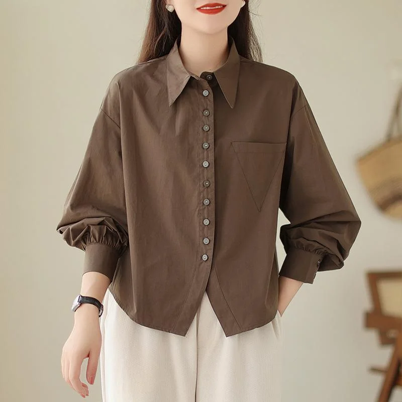 

Fashionable Cotton Short Shirt Jacket for Women's Autumn Solid Color Casual Long-sleeved Versatile Top