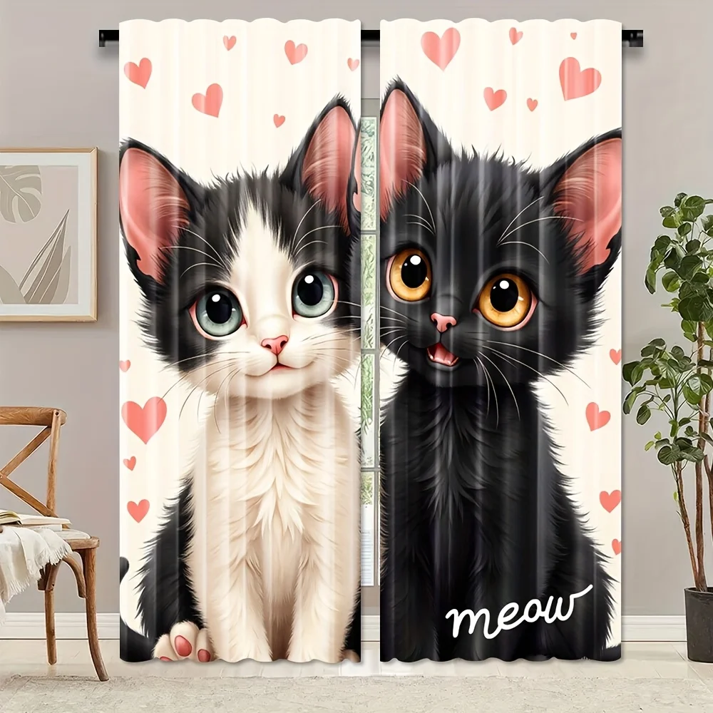 Cute Cat Face Pair Curtain Panels for Living Room Bedroom Home Decor Aesthetic Window Treatment