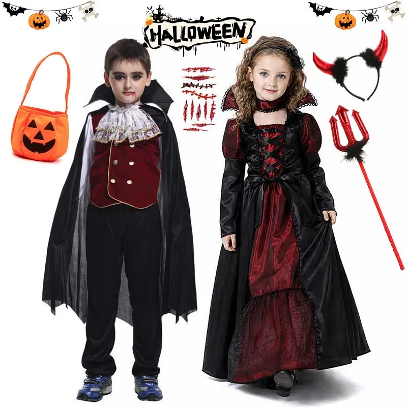 Schwarz-Rotes Vampirkostüm für Kinder, Jungen und Mädchen, 2-Stil-Cosplay-Outfit mit Dreizack-Tattoo-Aufklebern für Halloween-Feier