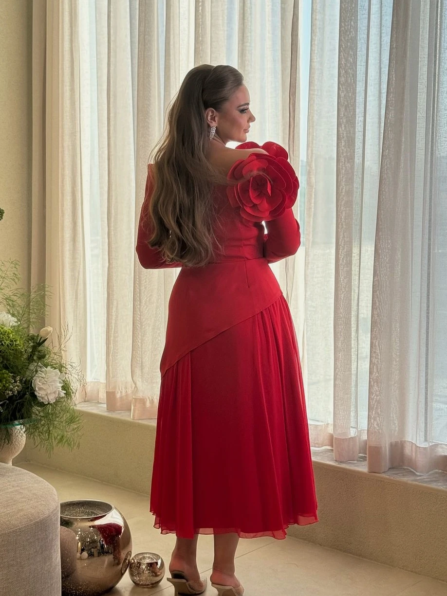 Oisslec Dress Elegant Vintage Sweet Red Flowers Ruffle Chiffon A-Line Customize Formal Occasion Prom Dress Evening Party Gowns