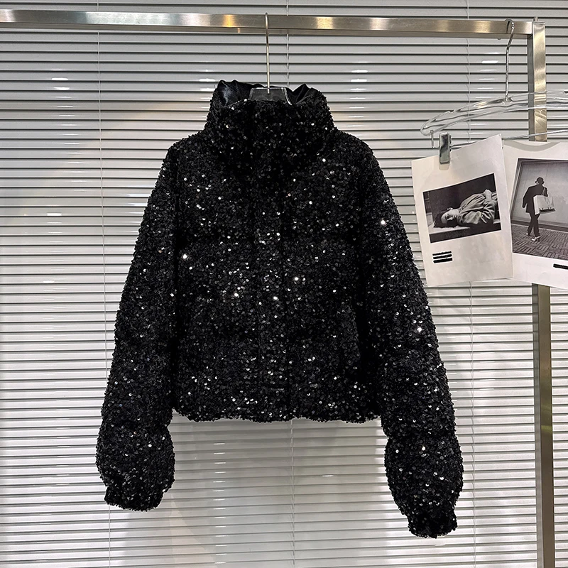 Winter White Duck Down Warm Padded Outwears Women Sequin Stand Collar Cotton Down Jacket Female Cold Proof Short Down Jacket