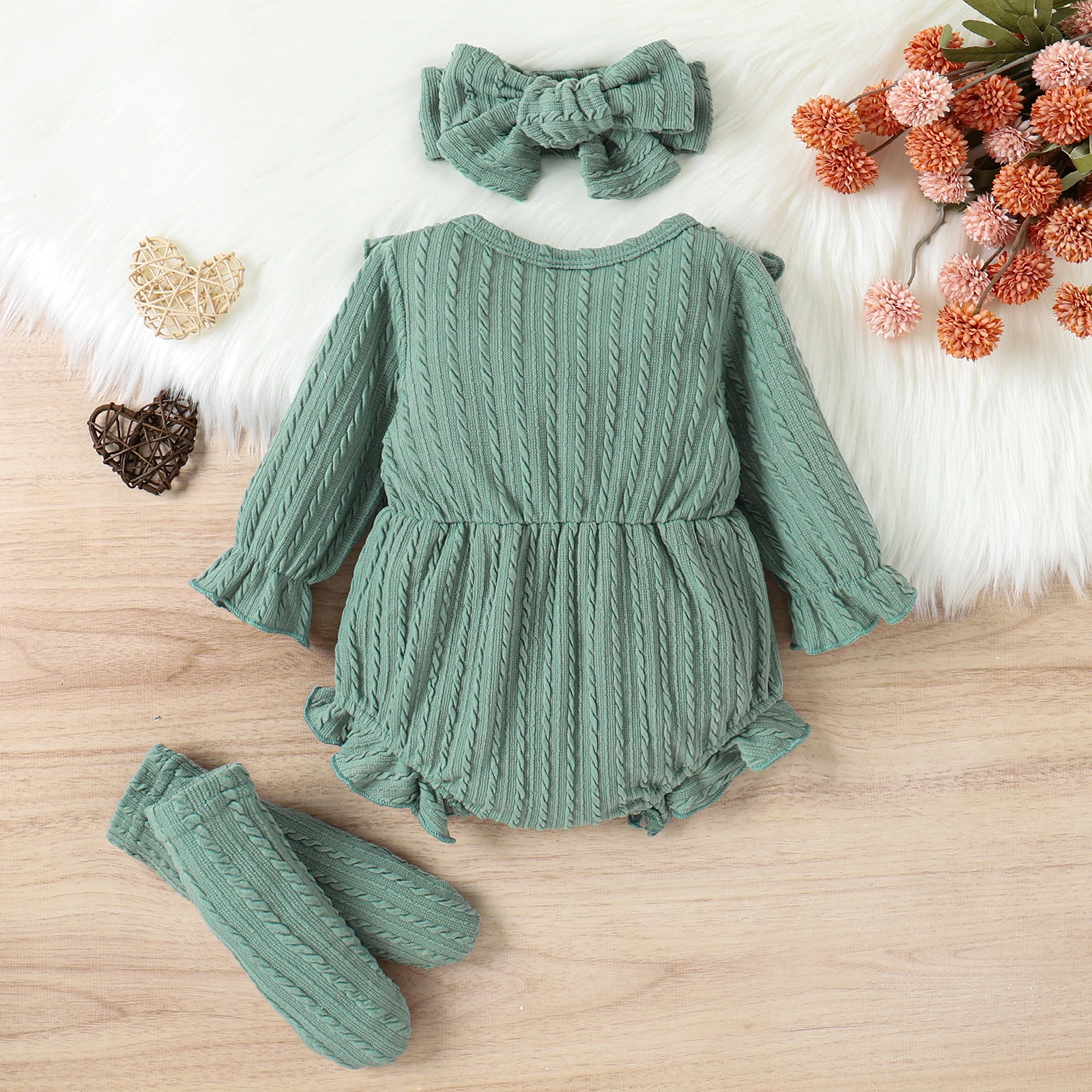 Newborn Infant Baby Girls 3Pcs Fall Outfits Long Sleeve Button Front Ruffle Romper + Leg Warmers + Headband Set