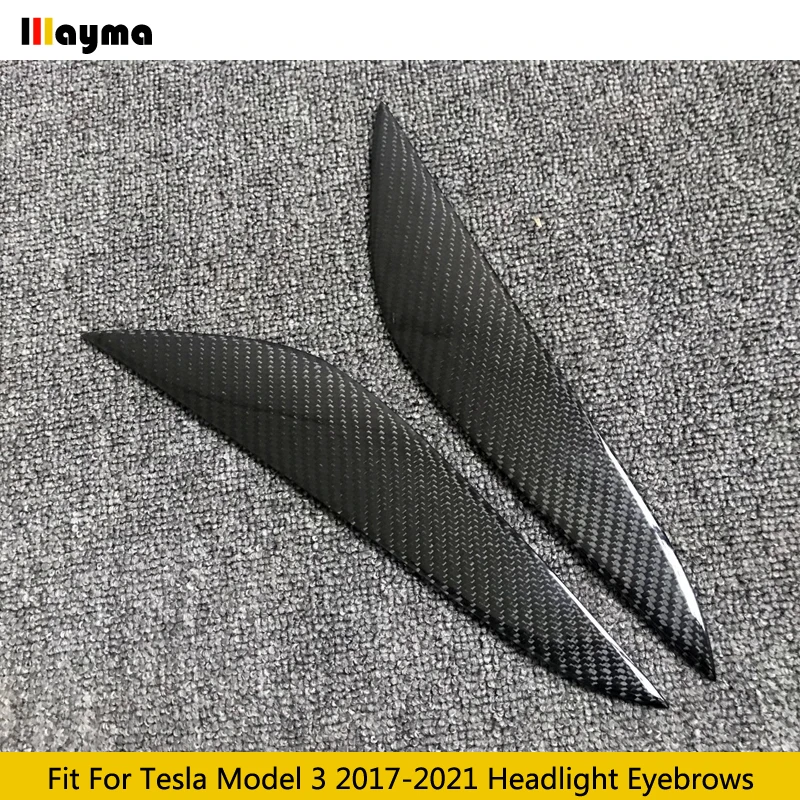 Real Carbon Fiber Car Headlight Cover Eyebrows Front Lamp Carbon Forge Look Sticker Eyelid For Tesla 2017 - 2021 Model 3 Model Y