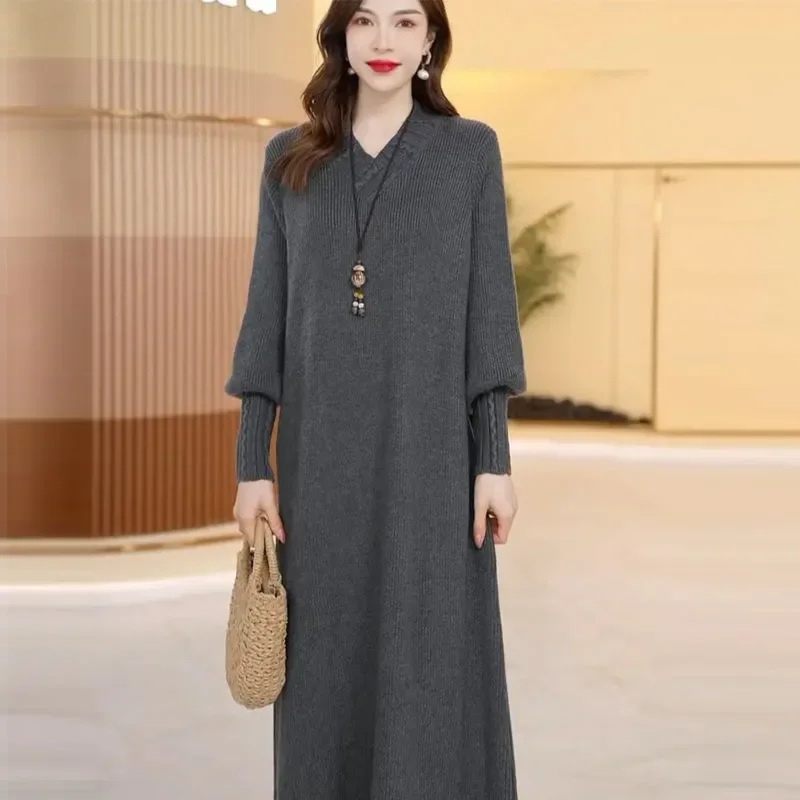 Mom\'s Autumn And Winter Thick Knitted Wool Dress Wool Sweater Slim High-End Knee Length Long Sleeved Dress Loose Plus Size XXXL