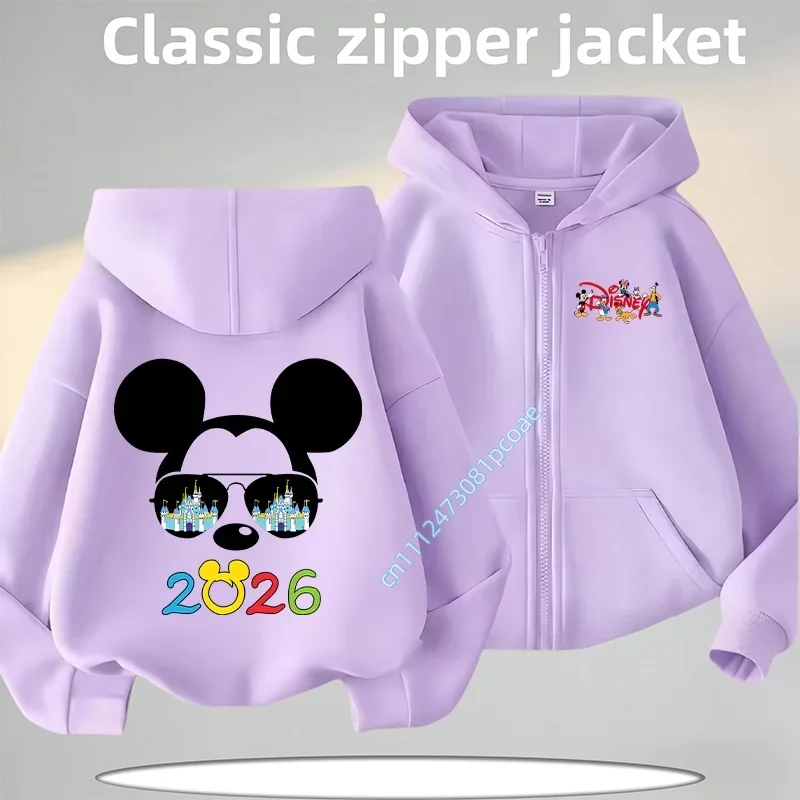 Disney Kawaii 2026 Fashion Disneyland Trip Vacation Clothes Caricature Zip Hoodie Children Top Cartoons Girl Clothes Boy Kids
