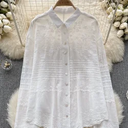 Embroidery Korean Casual Loose Shirt Women Elegant Long Sleeve Spring Summer Ladies Fashion 2024 Vacation Blouse