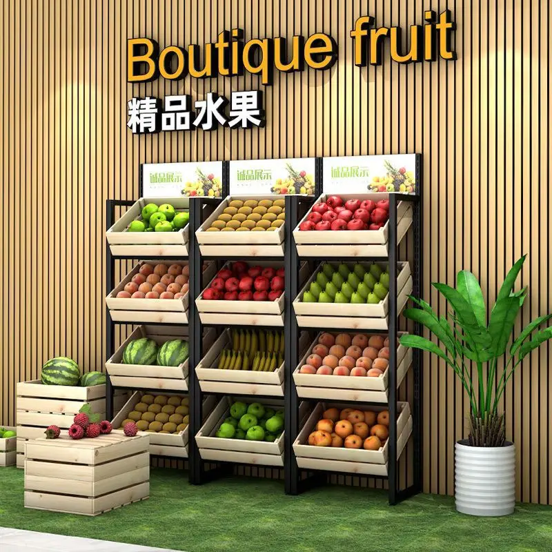 

Supermarket fruit rack, fresh display rack, wooden shelf, vegetable rack, solid wood frame, snacks, fruits and vegetables, house