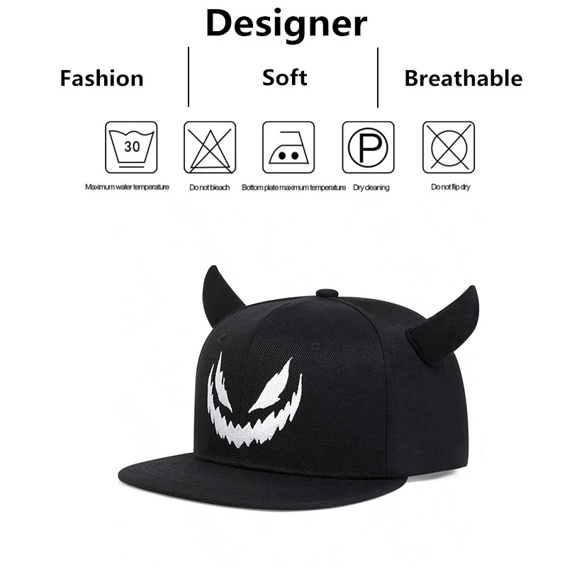 Unisex Smiling Face And Cow Horn Personality Hip-hop Hats Spring Autumn Outdoor Adjustable Casual Baseball Caps Sunscreen Hat