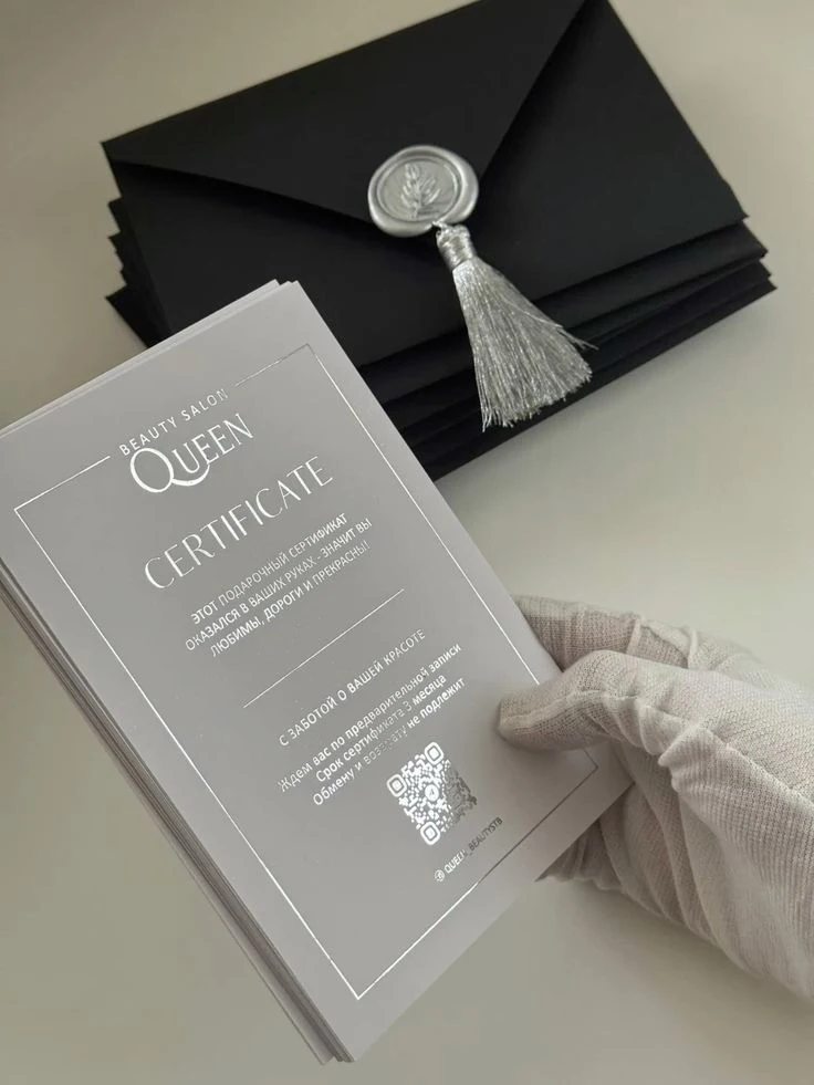 Cartões de presente elegantes personalizados com envelope, certificado de presente dourado ou prateado para salão de beleza, estúdio de maquiagem permanente, cosmetologista