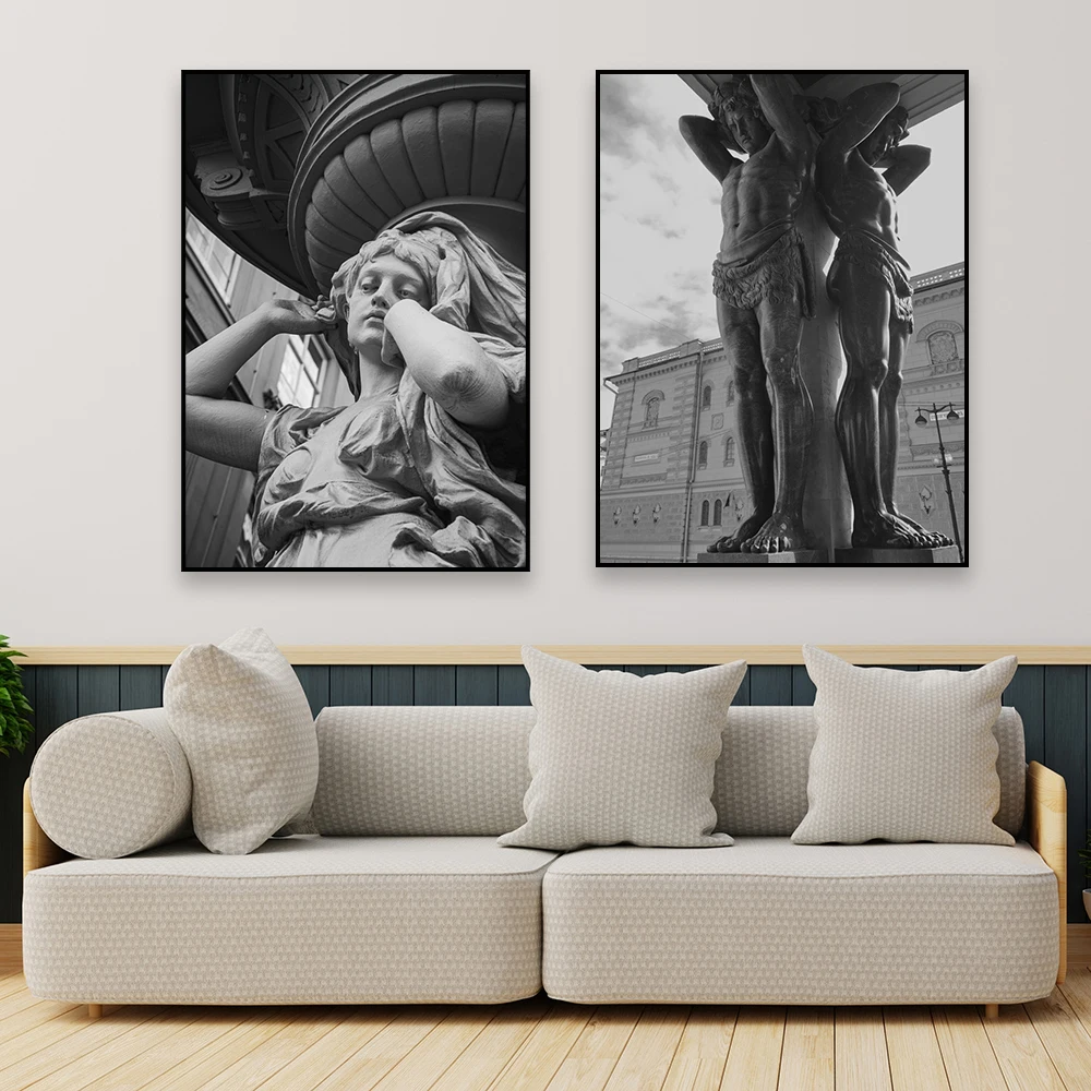 Black and White Modern Sculpture Poster Greek God Statue Prints Apollo Marble David Goddess Canvas Painting Home Wall Art Decor