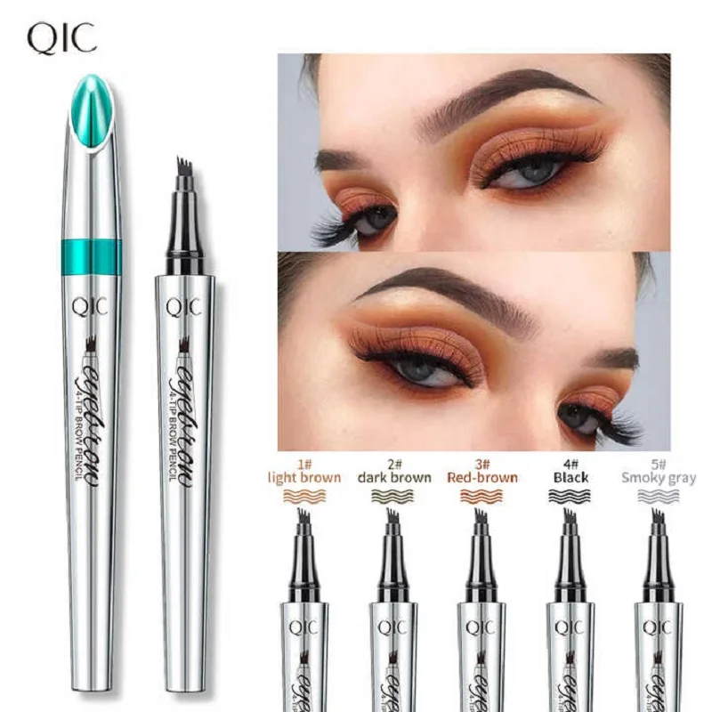 QIC-Lápis de sobrancelha de quatro garras, preto, marrom, cinza, líquido Eye Brow, impermeável, duradouro, caneta 3D, ferramenta de maquiagem