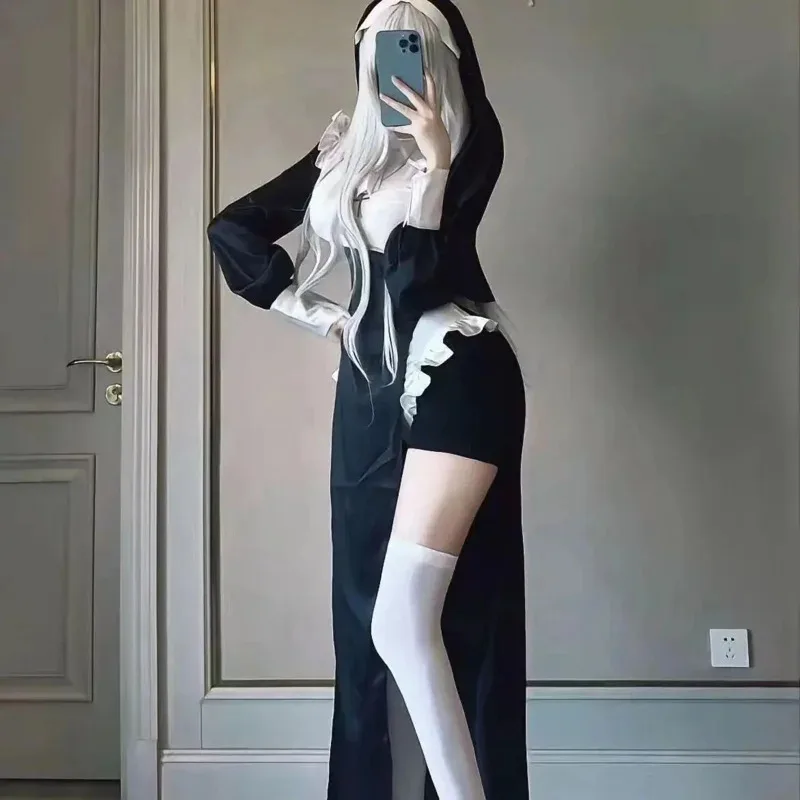 Freira terno role play halloween uniforme de natal sexy vestido de empregada irmã traje branco peruca longa tg8885b;4.f'7;j,3'