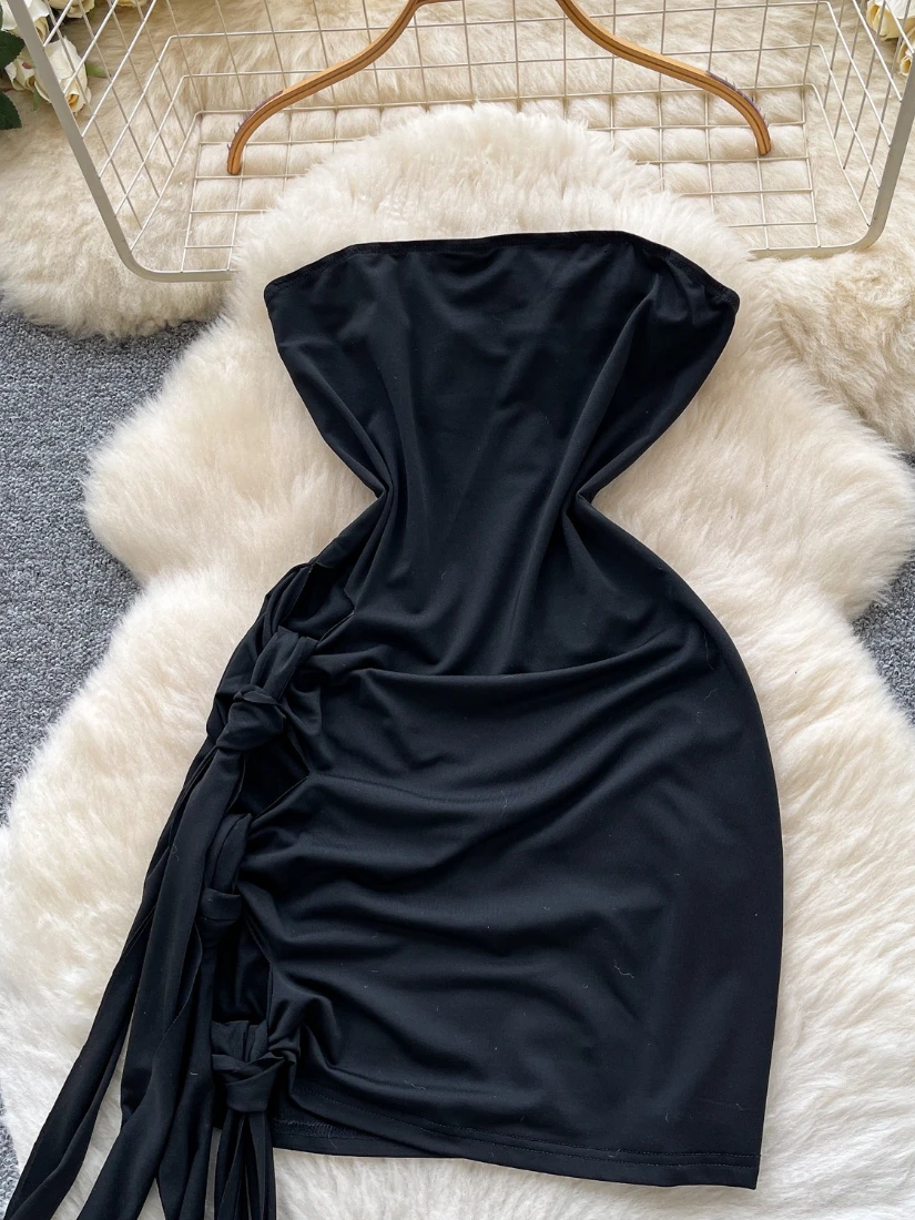 Foamlina Summer Women Black Strapless Dress Ladies Stylish Sleeveless Twisted Cutout Ruched Ribbons Mini Party Bodycon Dress