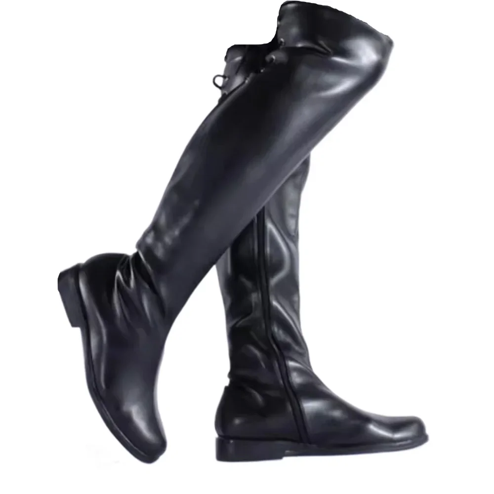 Men High Heels Boots Zip,Stage perform Over-the-Knee Boots Shaft Leng Platform Thick Heel Round Toe Metal Decoration Long Boots