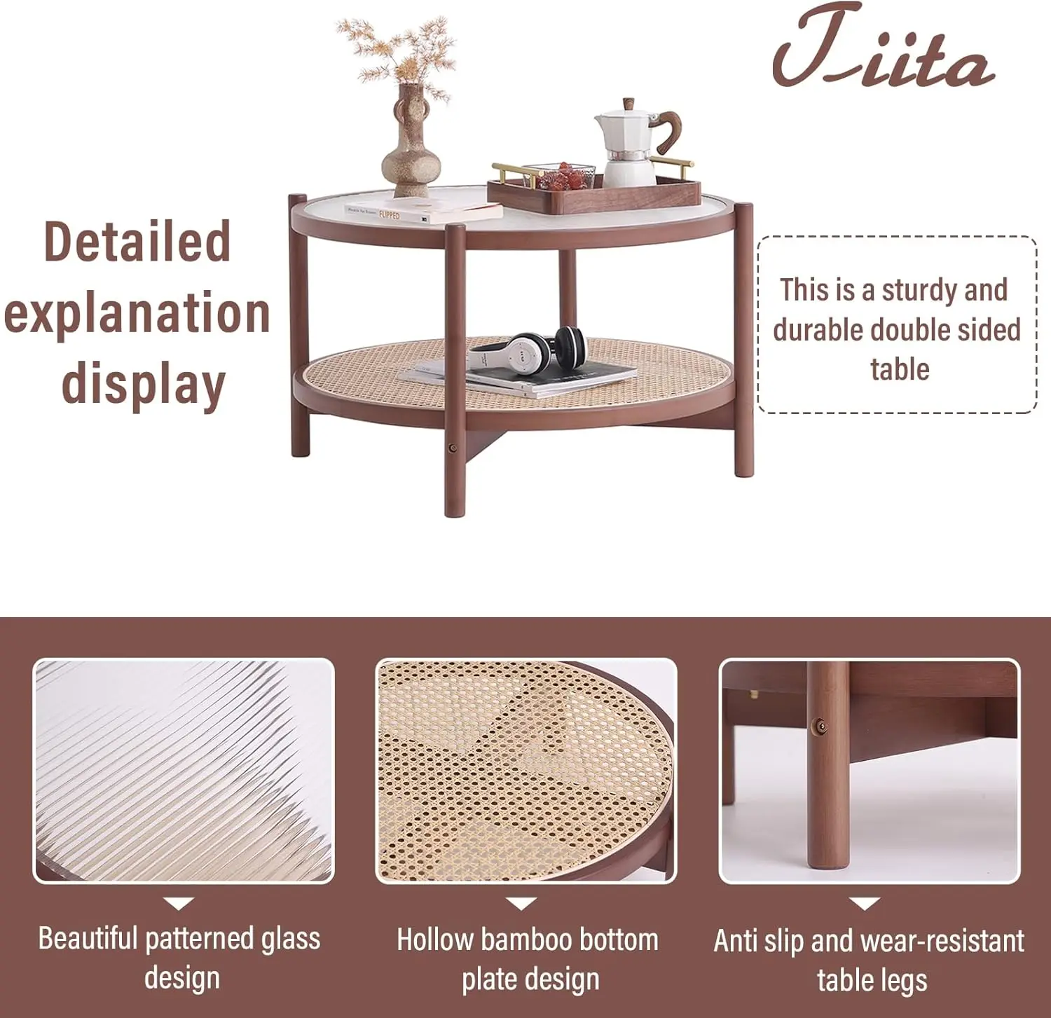 Tiita Rattan Coffee Table, Large Round End Table, 27.6 Inch Modern Side Table, Living Room Side Table, Glass Sofa End Table For