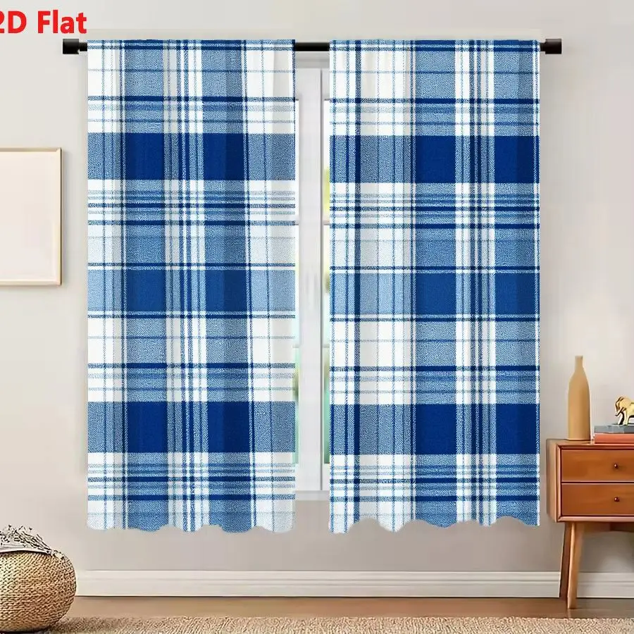 2Pcs Curtains 2D Flat Classic Blue Plaid Pattern With White Stripes Vintage Textured Tartan Design Window Drapes for Bedroom Roo