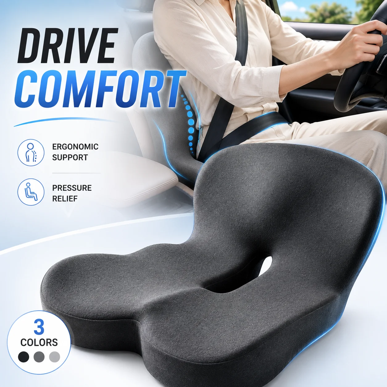 Memory Foam Car Seat Cushion Lumbar Support Ergonomic Tailbone Pressure Relief Cushion For Long Drive Car Interior Accessoris