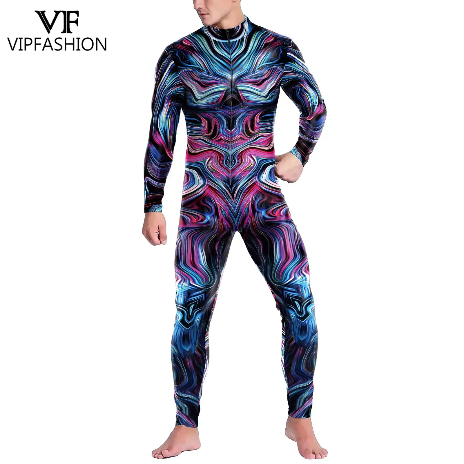 VIP FASHION Abstract Art Zentai Suit for Men Front Zipper Cosplay Costume Carnival Party Catsuit Male Sexy Jumpsuit Clothes