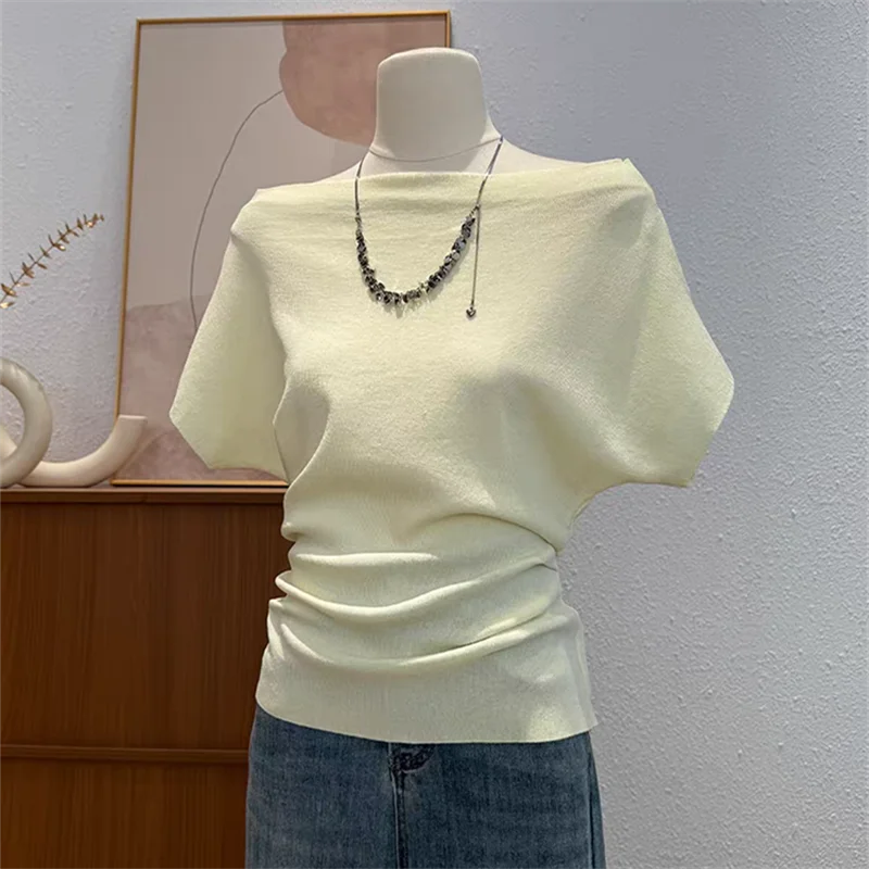Short Sleeve Striped Off-the-Shoulder Knit Top Batwing Sleeve Knitted Pullovers Women Summer Trendy Y2K Coquette Outfit