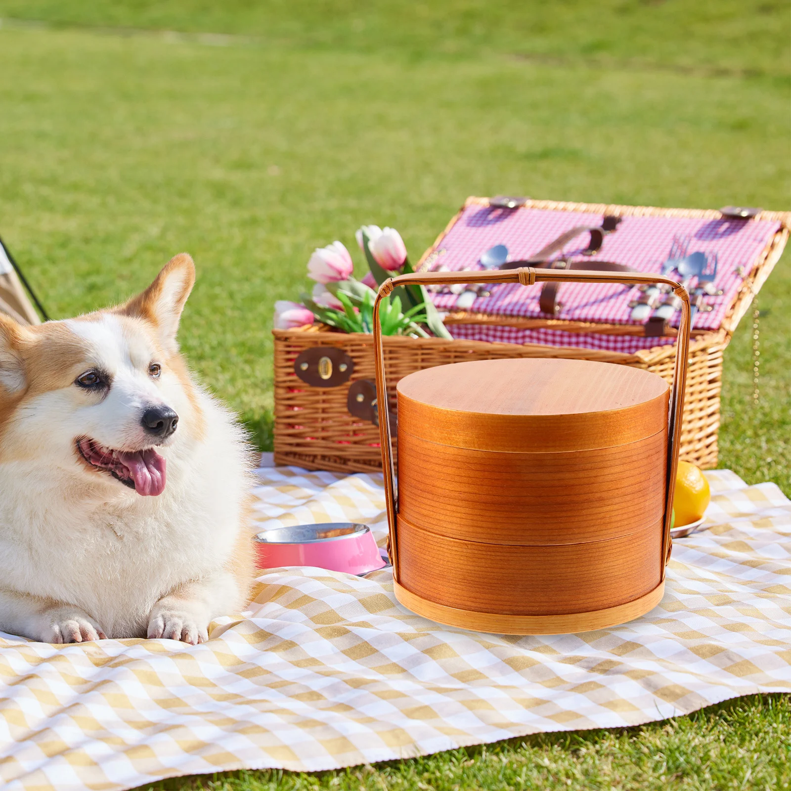 

1Pcs Double Layer Bento Box Wooden Portable Lunch Container Lightweight Handle Food Storage Box Food Container