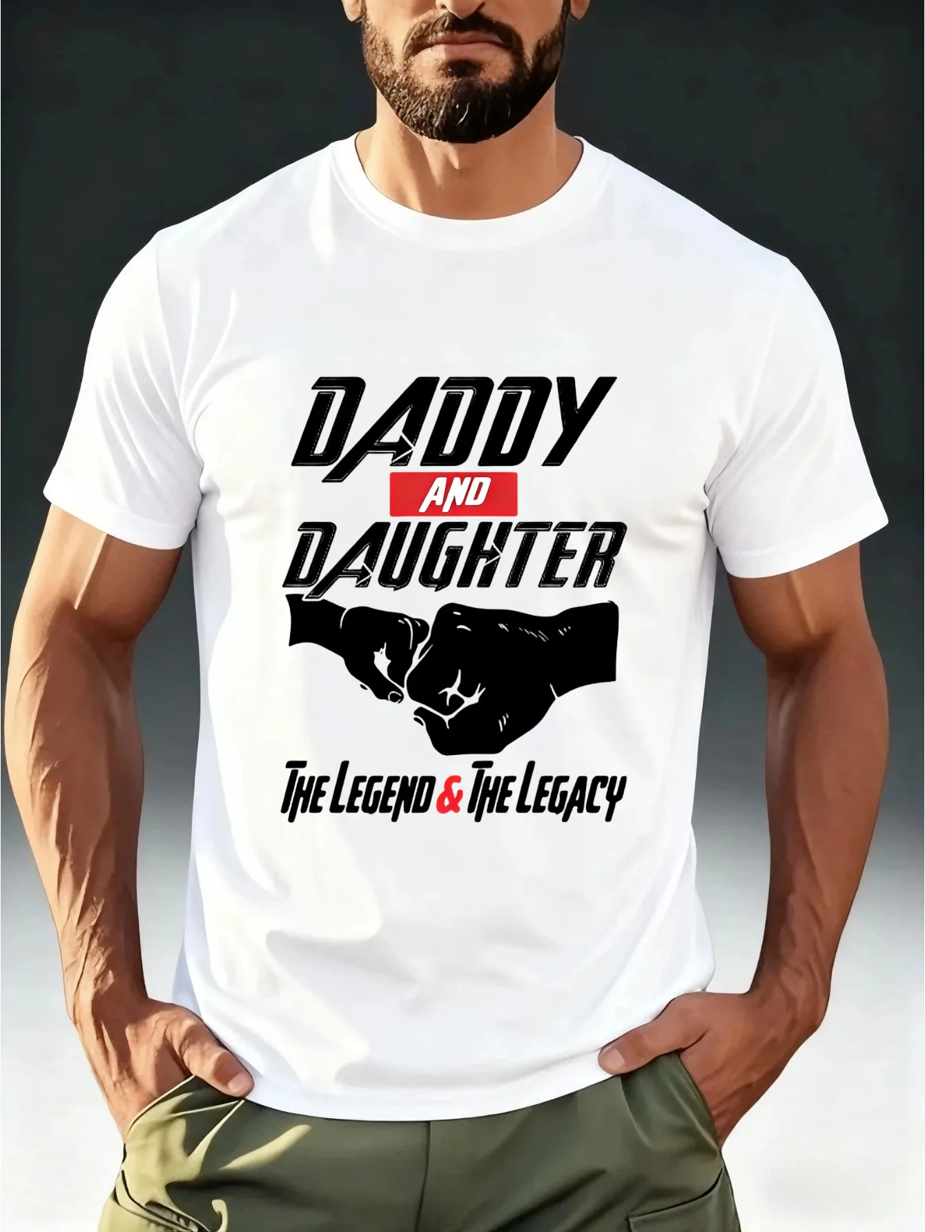 Plus-Size Men'S Parent-Child Cozy Style T-Shirt DADDY AND DAUGHTER with Fist Print, Eye-Catching And Trendy Design, Comfortable And Skin-Friendly Top, Plus Size