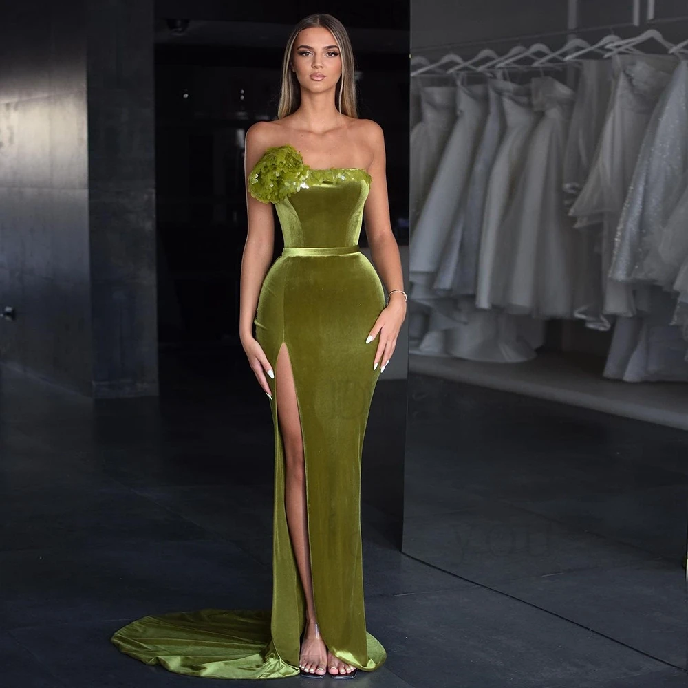 

Green Strapless Evening Dresses for Women Side Slit Prom Gowns Court Train Sleeveless 2024 Summer New Robe De Soirée Zipper Back