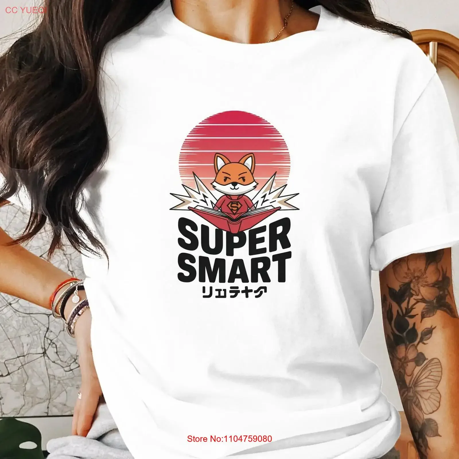 Super Smart Fox T-Shirt, niedliches rotes T-Shirt im japanischen Stil, für Buchliebhaber, Geeky Animal, Vintage, gewaschen, Unisex, dehnbar, bequem