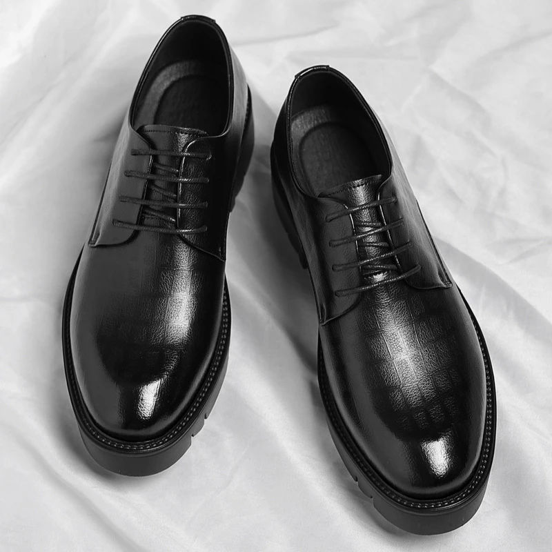 Men's Thick-Soled Low-Cut Business Formal Leather Shoes With Lace-Up Height Increase Groom's Wedding Shoes With Suit Shoes