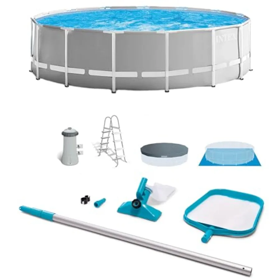 

Above ground swimming pool set for backyard use, steel frame with blue finish, includes filter pump, ladder, cover, and cleanin